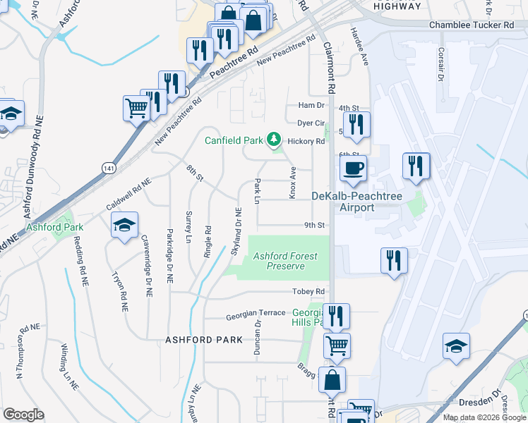 map of restaurants, bars, coffee shops, grocery stores, and more near 2999 Park Lane in Chamblee