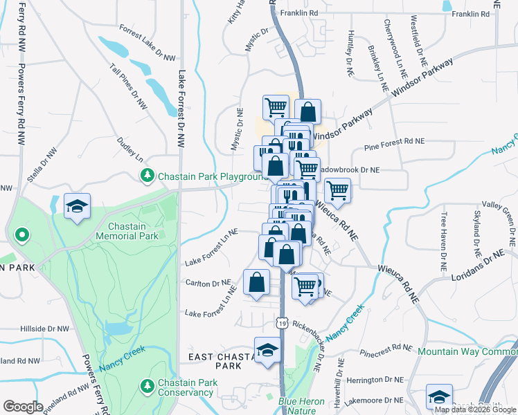 map of restaurants, bars, coffee shops, grocery stores, and more near 4723 Wieuca Road Northeast in Atlanta