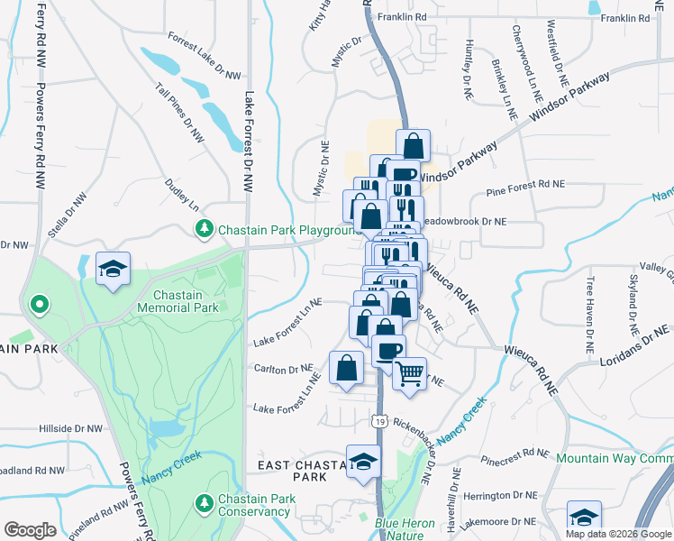 map of restaurants, bars, coffee shops, grocery stores, and more near 4701 Wieuca Road Northeast in Atlanta