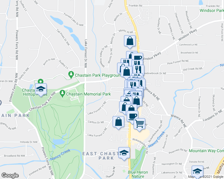 map of restaurants, bars, coffee shops, grocery stores, and more near 4776 Wieuca Road Northeast in Atlanta