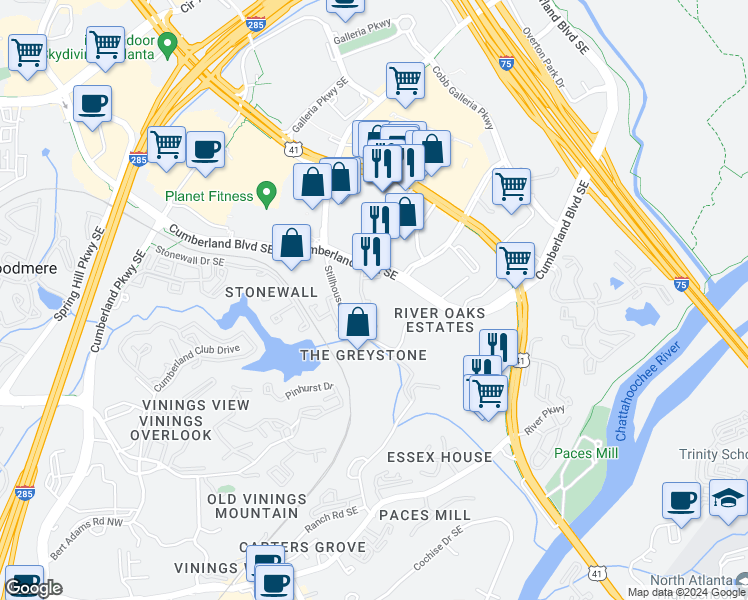 map of restaurants, bars, coffee shops, grocery stores, and more near 3330 Cumberland Parkway in Atlanta