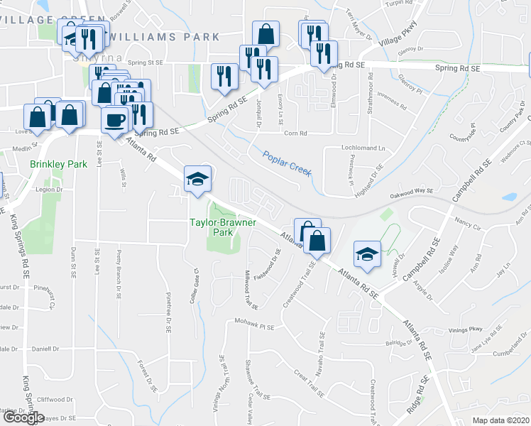 map of restaurants, bars, coffee shops, grocery stores, and more near 108 Vinings Forest Circle Southeast in Smyrna