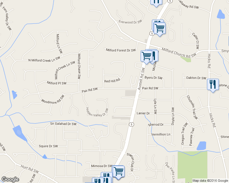 map of restaurants, bars, coffee shops, grocery stores, and more near 1335 Pair Road Southwest in Marietta