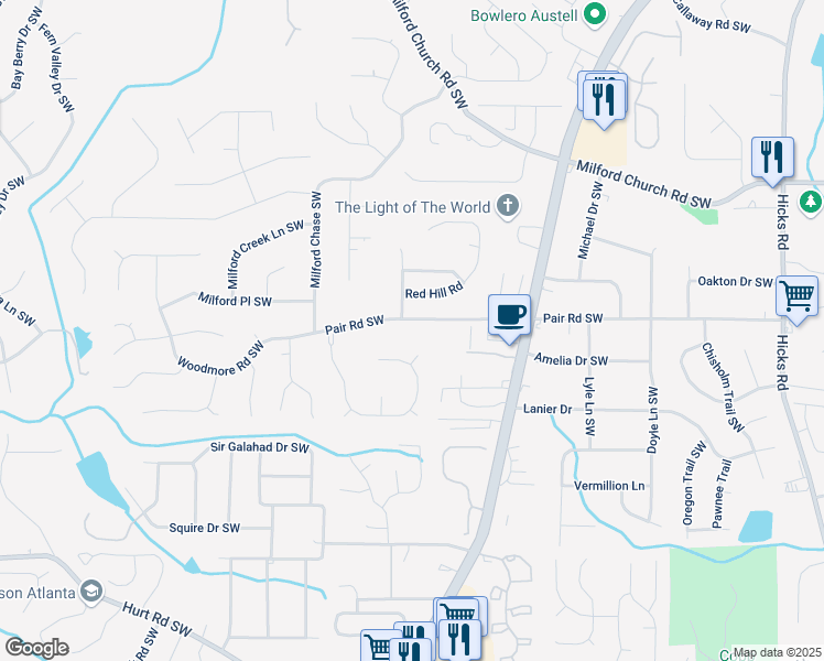 map of restaurants, bars, coffee shops, grocery stores, and more near 1379 Pair Road Southwest in Marietta