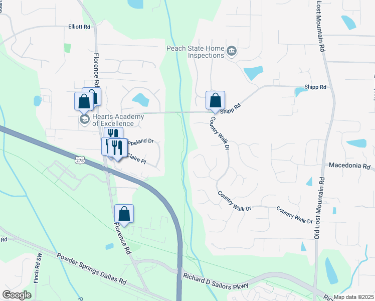 map of restaurants, bars, coffee shops, grocery stores, and more near 3970 Brushy Street in Powder Springs