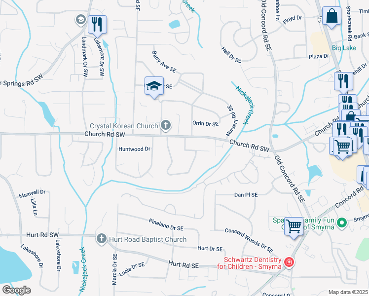 map of restaurants, bars, coffee shops, grocery stores, and more near 218 Woodview Lane in Smyrna