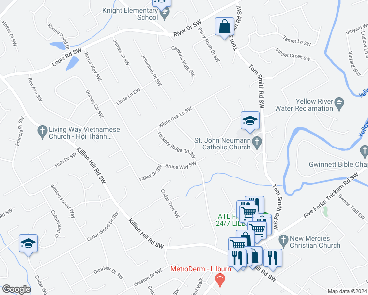 map of restaurants, bars, coffee shops, grocery stores, and more near 694 Hickory Ridge Road Southwest in Lilburn
