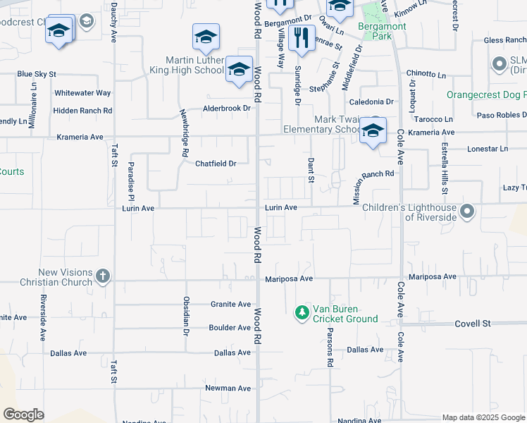 map of restaurants, bars, coffee shops, grocery stores, and more near 9605 Bonsai Lane in Riverside