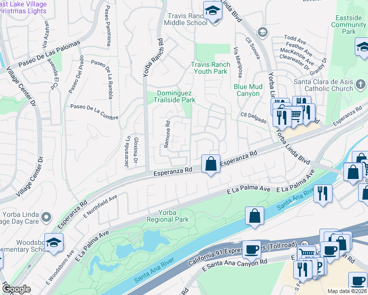 map of restaurants, bars, coffee shops, grocery stores, and more near 5834 Vía Sonora in Yorba Linda