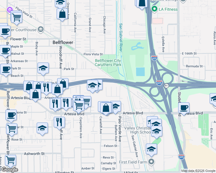 map of restaurants, bars, coffee shops, grocery stores, and more near 17215 Carfax Avenue in Bellflower