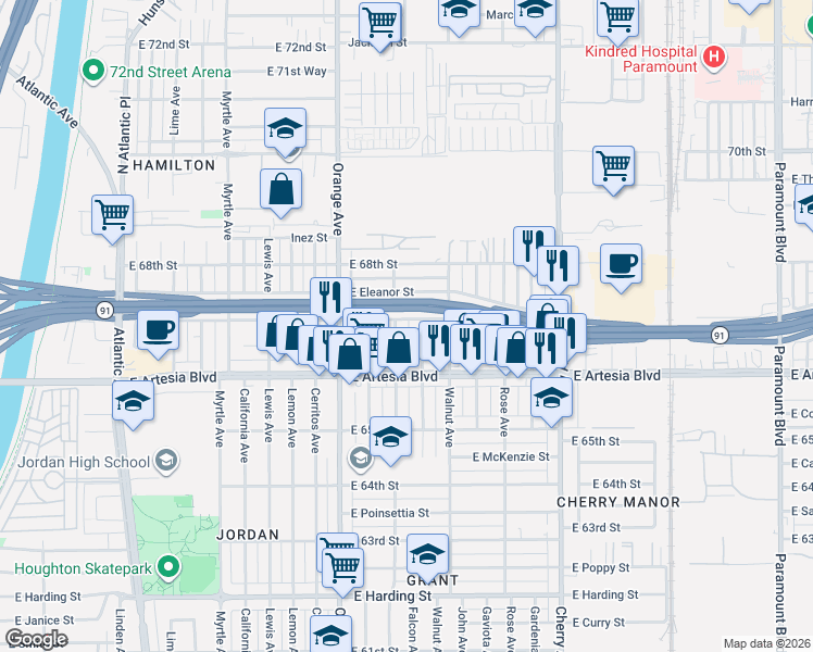 map of restaurants, bars, coffee shops, grocery stores, and more near 6679 Falcon Avenue in Long Beach