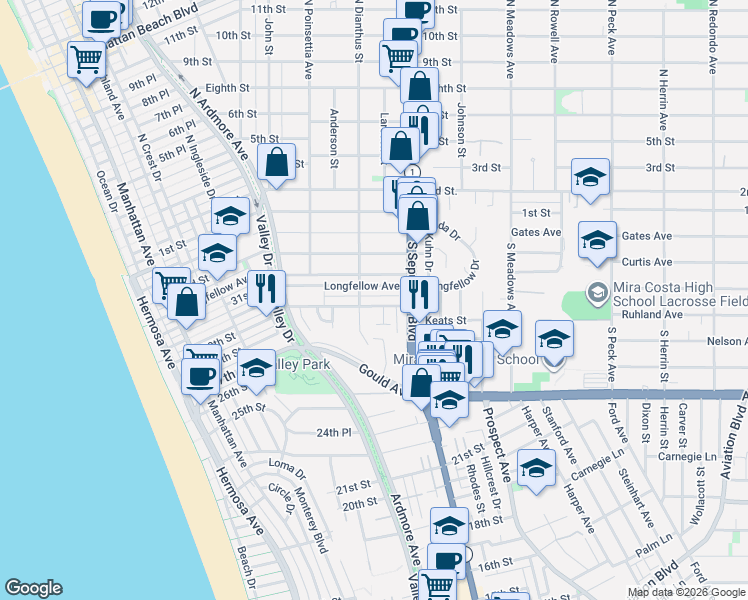 map of restaurants, bars, coffee shops, grocery stores, and more near 703 30th Street in Hermosa Beach