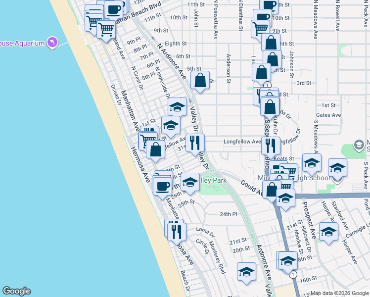 map of restaurants, bars, coffee shops, grocery stores, and more near 450 30th Street in Hermosa Beach
