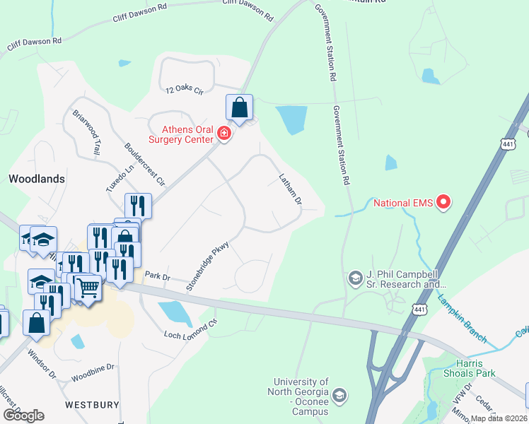 map of restaurants, bars, coffee shops, grocery stores, and more near 1030 Latham Court in Watkinsville