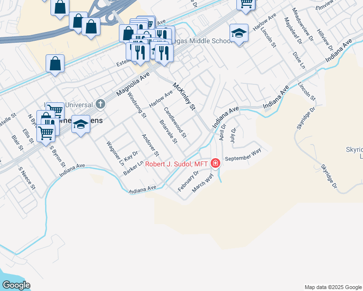 map of restaurants, bars, coffee shops, grocery stores, and more near 3447 Briarvale Street in Corona