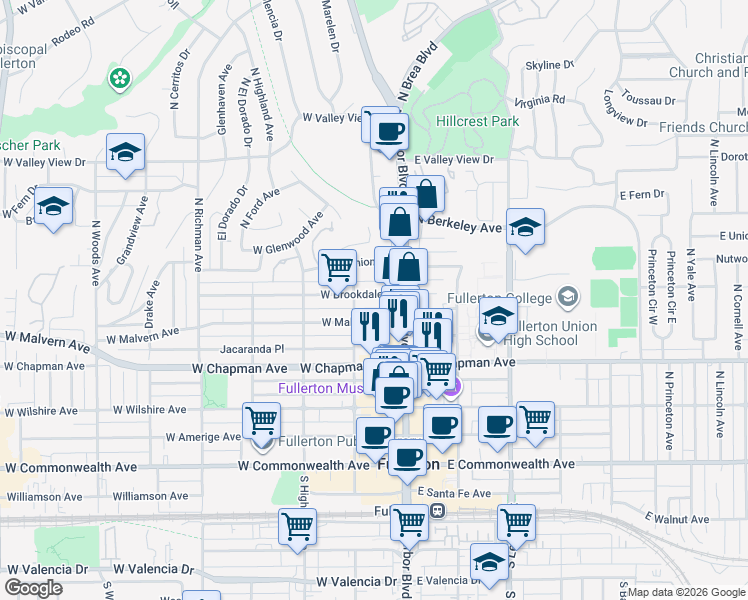 map of restaurants, bars, coffee shops, grocery stores, and more near 128 West Brookdale Place in Fullerton