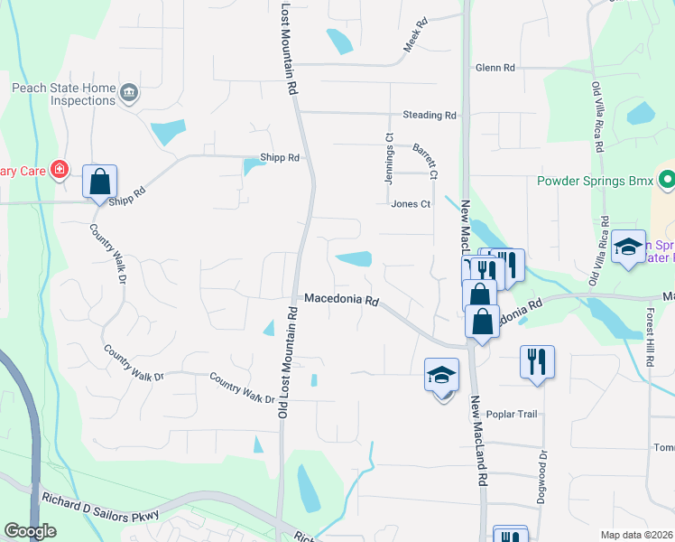 map of restaurants, bars, coffee shops, grocery stores, and more near 4434 Macedonia Road in Powder Springs