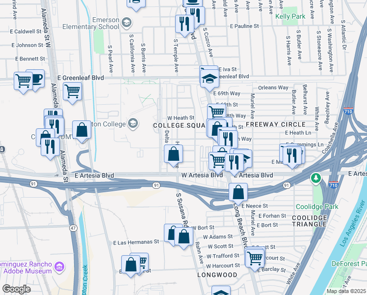 map of restaurants, bars, coffee shops, grocery stores, and more near 207 West Cummings Street in Long Beach