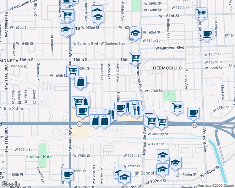 map of restaurants, bars, coffee shops, grocery stores, and more near 1504 West 170th Street in Gardena