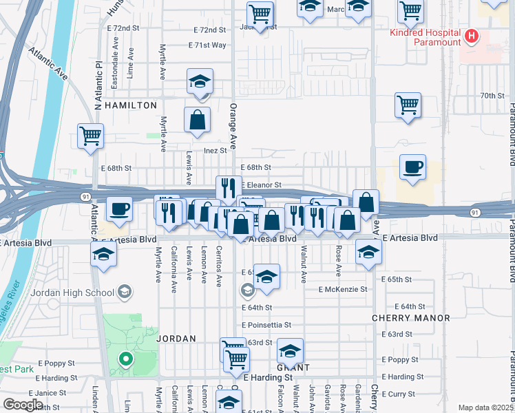 map of restaurants, bars, coffee shops, grocery stores, and more near 1310 East 67th Street in Long Beach