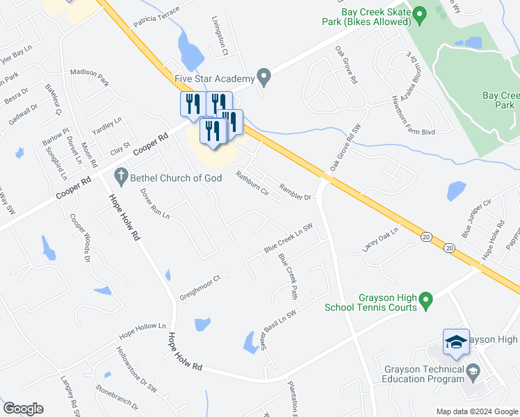 map of restaurants, bars, coffee shops, grocery stores, and more near 155 Graymist Lane Southwest in Loganville