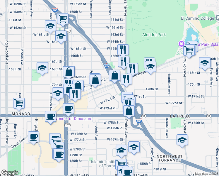 map of restaurants, bars, coffee shops, grocery stores, and more near 16915 Osage Avenue in Torrance