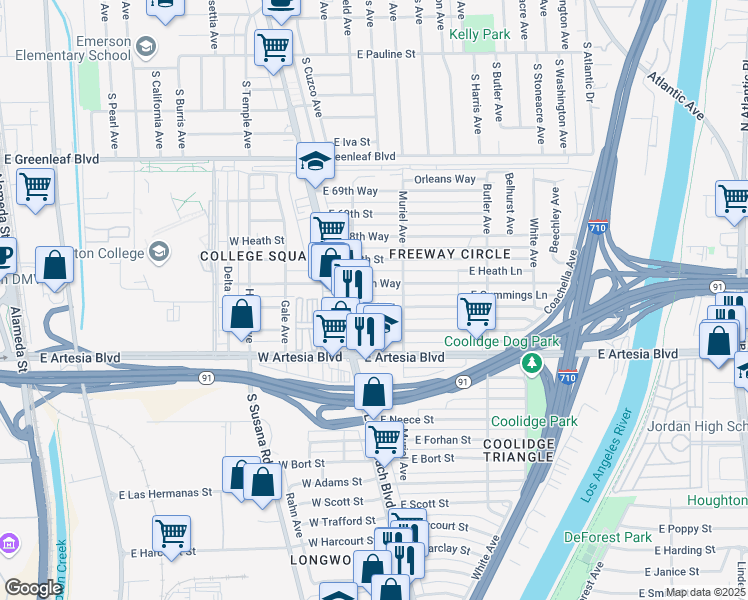 map of restaurants, bars, coffee shops, grocery stores, and more near 139 East 67th Street in Long Beach