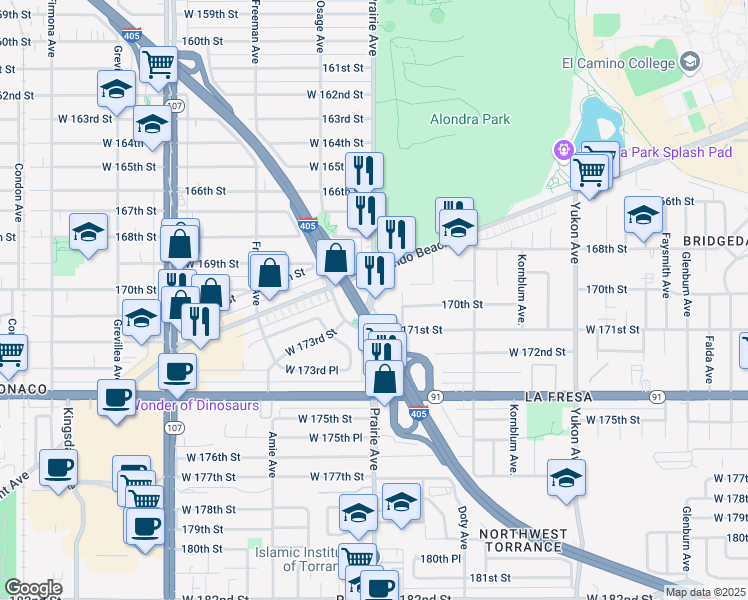 map of restaurants, bars, coffee shops, grocery stores, and more near 17000 Prairie Avenue in Torrance