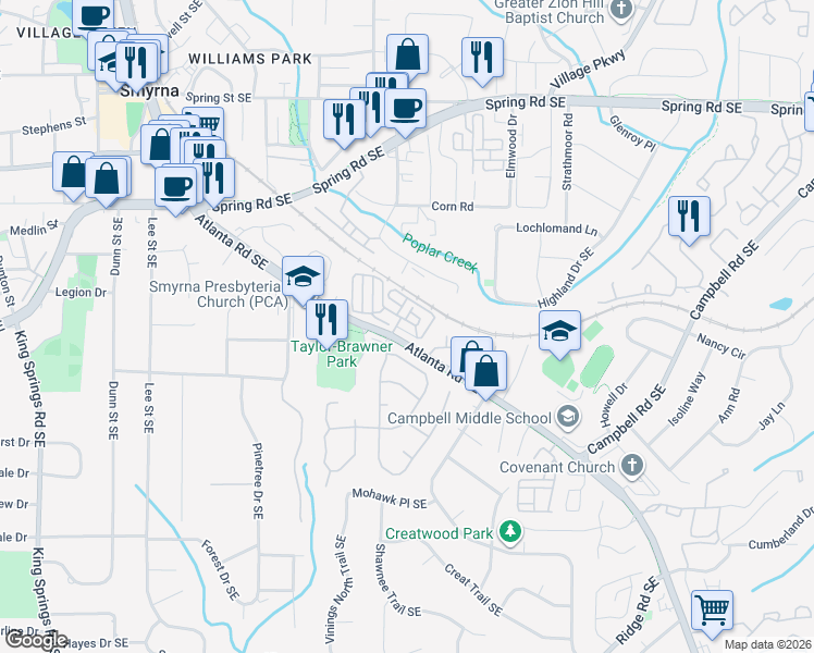 map of restaurants, bars, coffee shops, grocery stores, and more near 104 Vinings Forest Circle Southeast in Smyrna