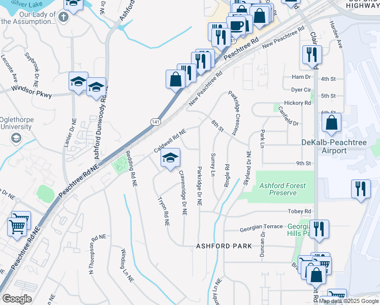 map of restaurants, bars, coffee shops, grocery stores, and more near 2996 Parkridge Drive Northeast in Atlanta