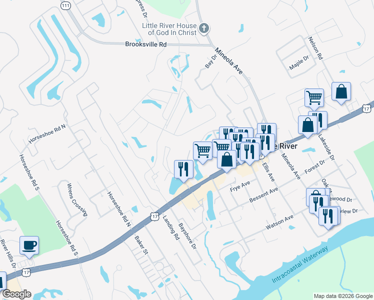map of restaurants, bars, coffee shops, grocery stores, and more near 4107 Pinehurst Circle in Little River