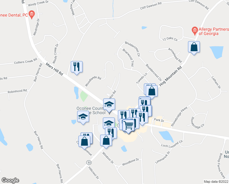map of restaurants, bars, coffee shops, grocery stores, and more near 1061 Rankin Road in Watkinsville