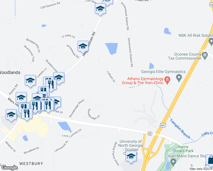 map of restaurants, bars, coffee shops, grocery stores, and more near 1030 Latham Court in Watkinsville