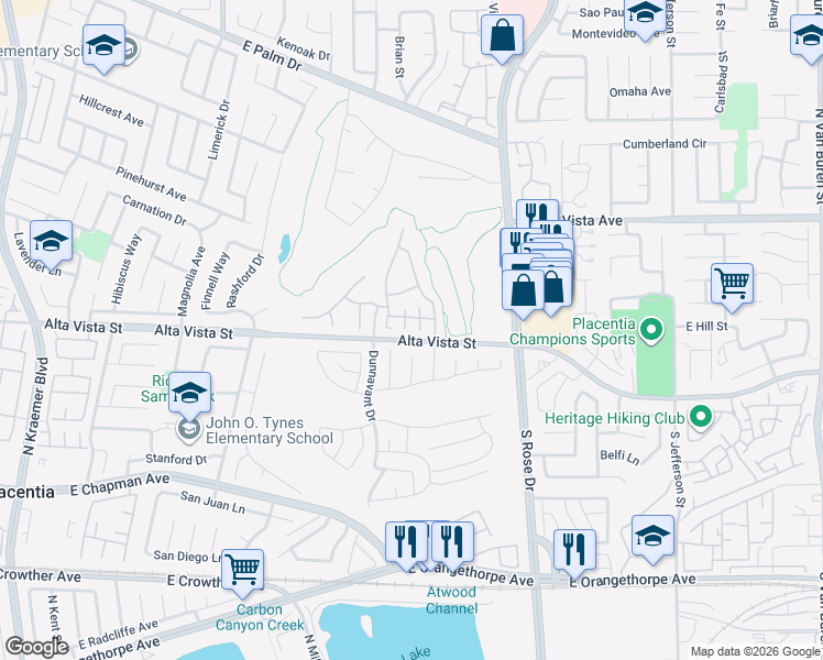 map of restaurants, bars, coffee shops, grocery stores, and more near 608 North Sepulveda Place in Placentia