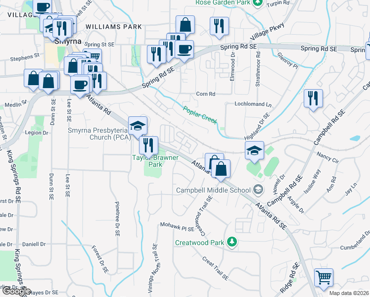 map of restaurants, bars, coffee shops, grocery stores, and more near 104 Vinings Forest Circle Southeast in Smyrna