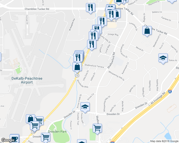 map of restaurants, bars, coffee shops, grocery stores, and more near 3013 Villa Esta Drive in Chamblee