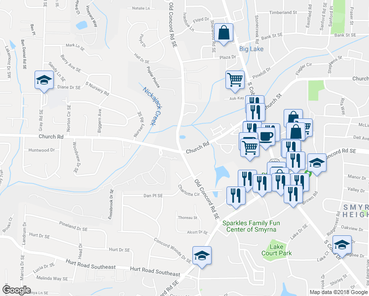 map of restaurants, bars, coffee shops, grocery stores, and more near 501 Church Road Southeast in Smyrna