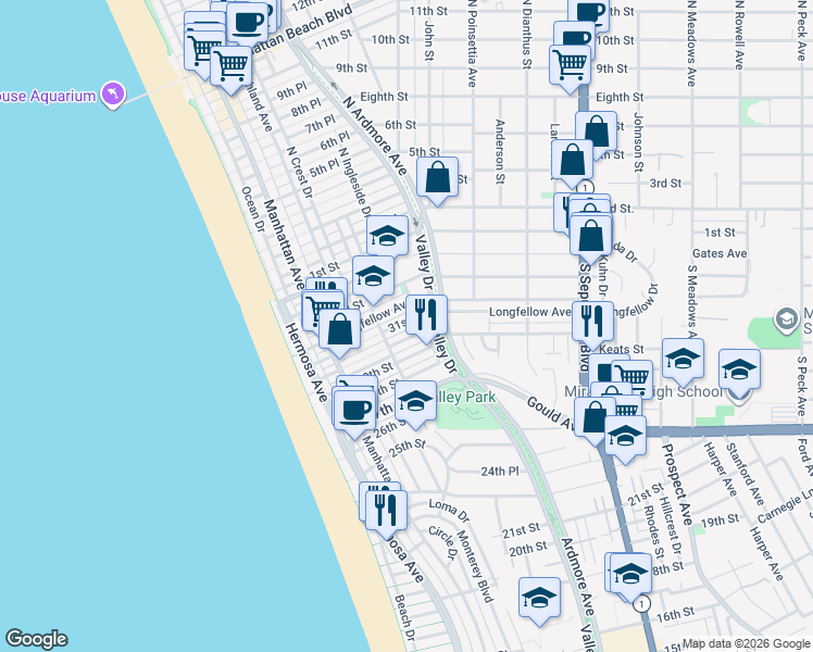 map of restaurants, bars, coffee shops, grocery stores, and more near 440 31st Street in Hermosa Beach