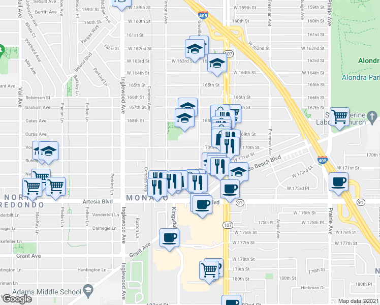 map of restaurants, bars, coffee shops, grocery stores, and more near 4524 West 170th Street in Lawndale