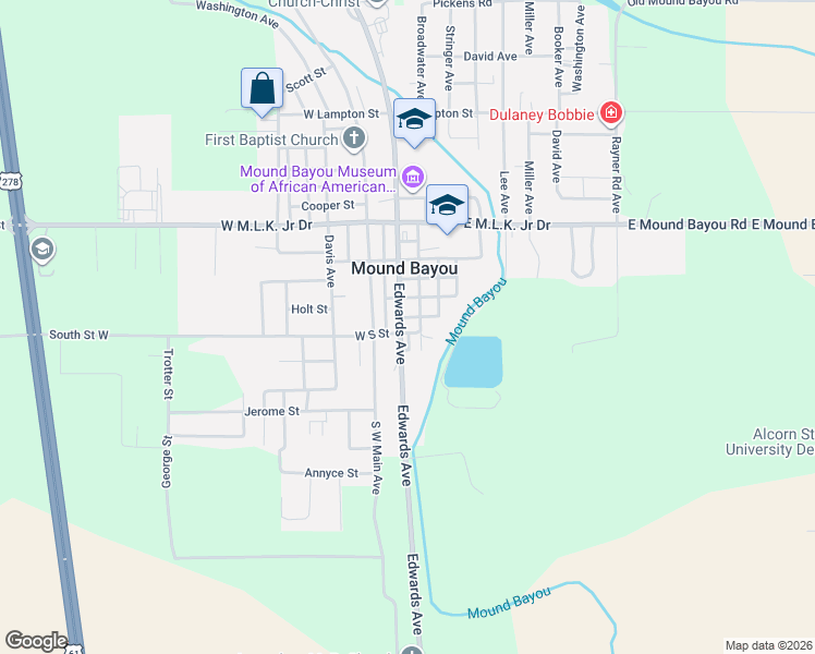 map of restaurants, bars, coffee shops, grocery stores, and more near 701-703 Edwards Avenue in Mound Bayou