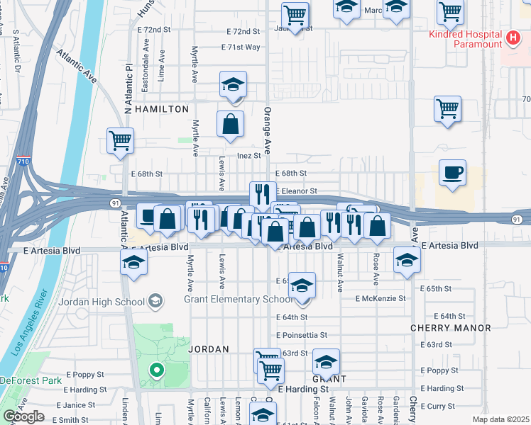 map of restaurants, bars, coffee shops, grocery stores, and more near 6685 Orange Ave in Long Beach