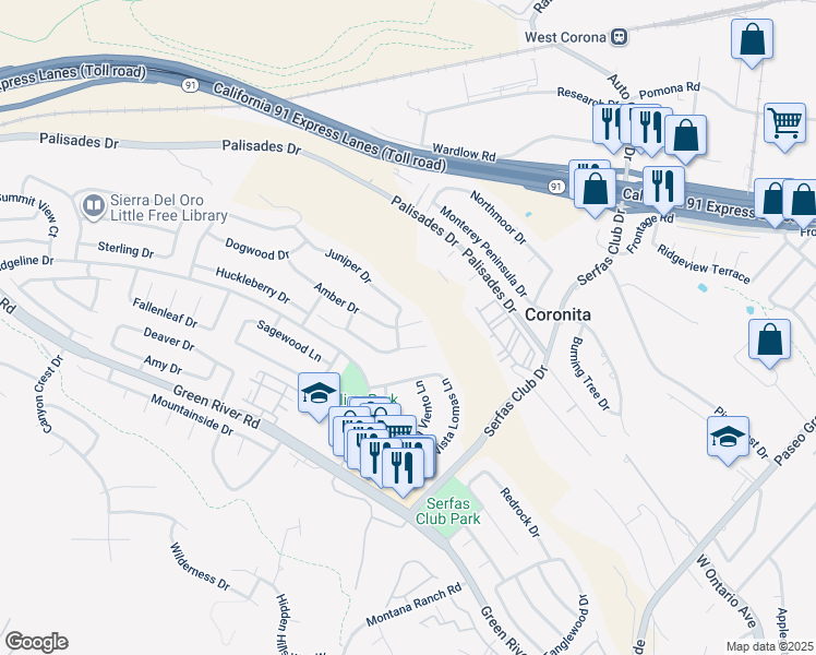 map of restaurants, bars, coffee shops, grocery stores, and more near 2985 Amber Drive in Corona