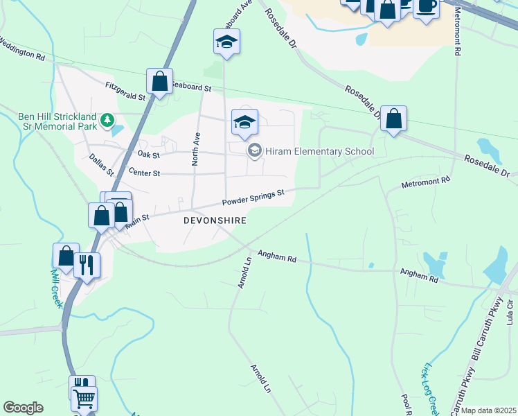 map of restaurants, bars, coffee shops, grocery stores, and more near 208 Powder Springs Street in Hiram