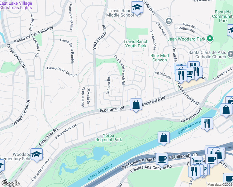 map of restaurants, bars, coffee shops, grocery stores, and more near 5851 Vía Sonora in Yorba Linda