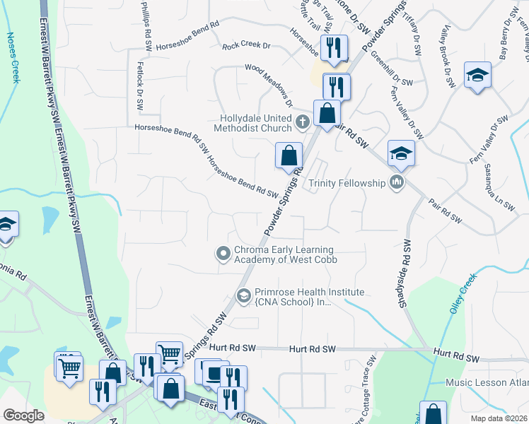 map of restaurants, bars, coffee shops, grocery stores, and more near 2418 Josh Court in Marietta