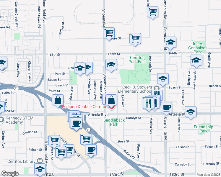 map of restaurants, bars, coffee shops, grocery stores, and more near 13020 Beach Street in Cerritos