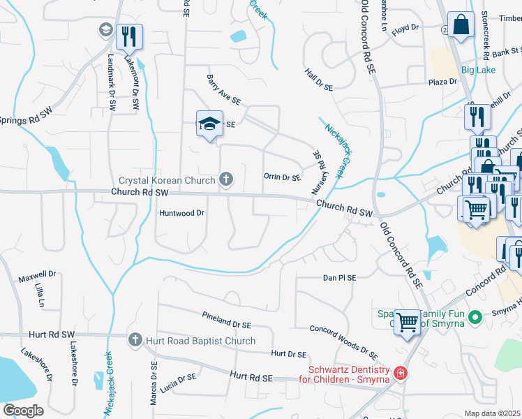 map of restaurants, bars, coffee shops, grocery stores, and more near 243 Woodview Lane in Smyrna