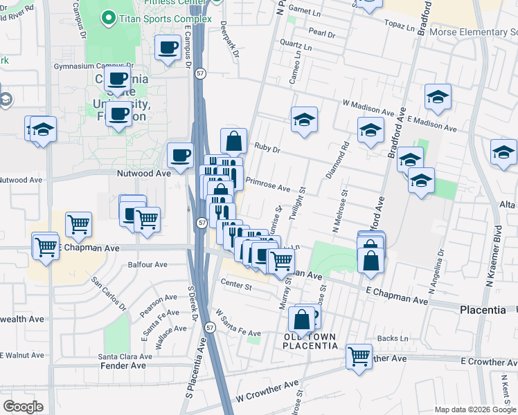 map of restaurants, bars, coffee shops, grocery stores, and more near 325 Sunrise Way in Placentia