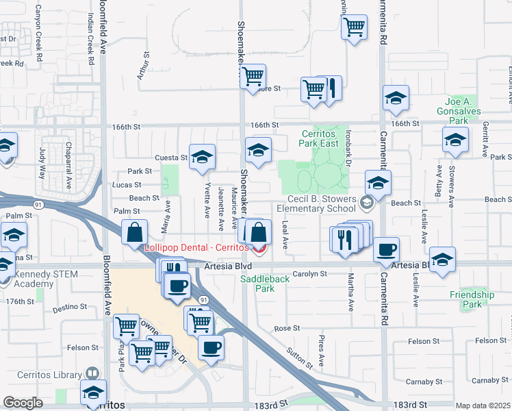 map of restaurants, bars, coffee shops, grocery stores, and more near 13020 Beach Street in Cerritos