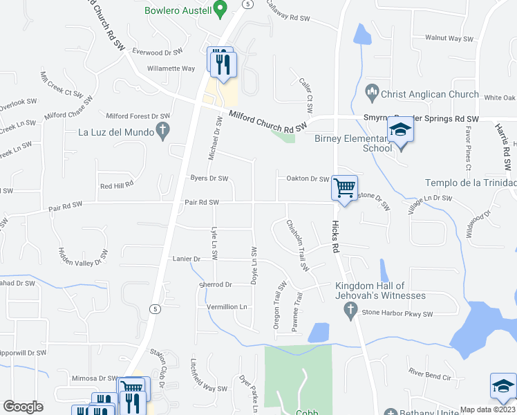map of restaurants, bars, coffee shops, grocery stores, and more near 3161 Doyle Lane Southwest in Marietta